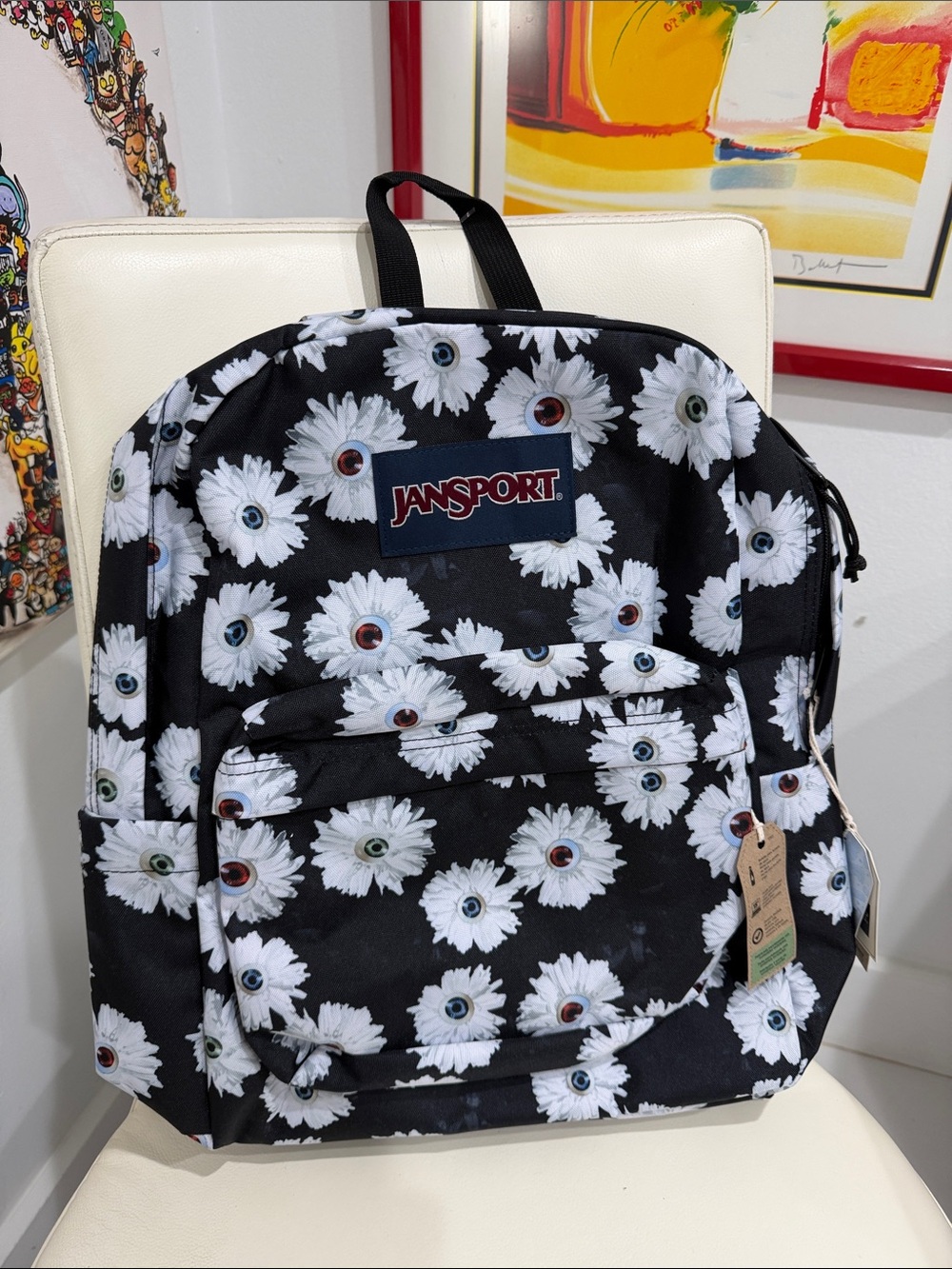 Jansport Black/White/Blue Backpack with White Daisy Eye Print